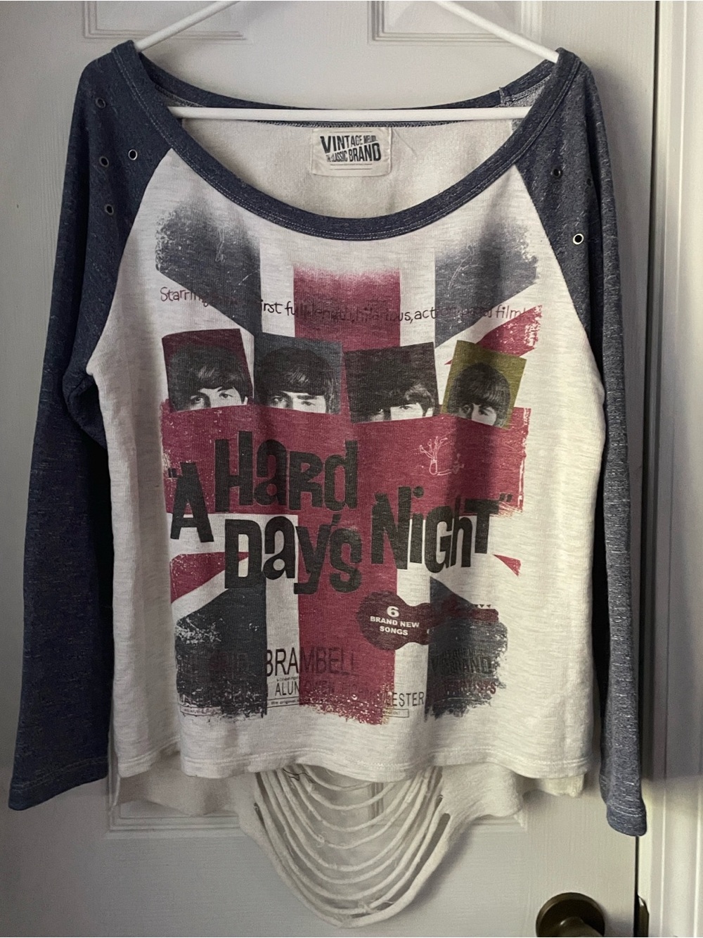 Vintage-Inspired 'A Hard Day's Night' Raglan Long Sleeve Tee - White & Navy